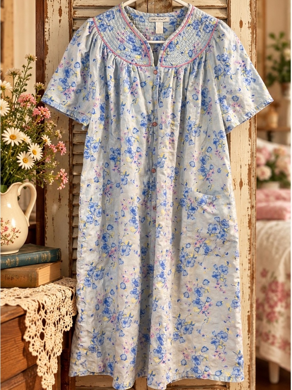 Emily Stacy 1X Blue Floral House Dress Nightgown Pink Trim Cottagecore